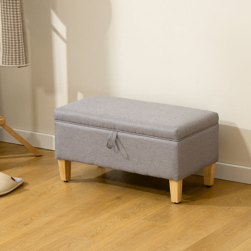 Light Grey 30L Linen Storage Ottoman with Padded Seat and Wooden Legs for Bedroom or Hallway - 71x37x36cm