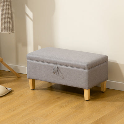Light Grey 30L Linen Storage Ottoman with Padded Seat and Wooden Legs for Bedroom or Hallway - 71x37x36cm Homcom