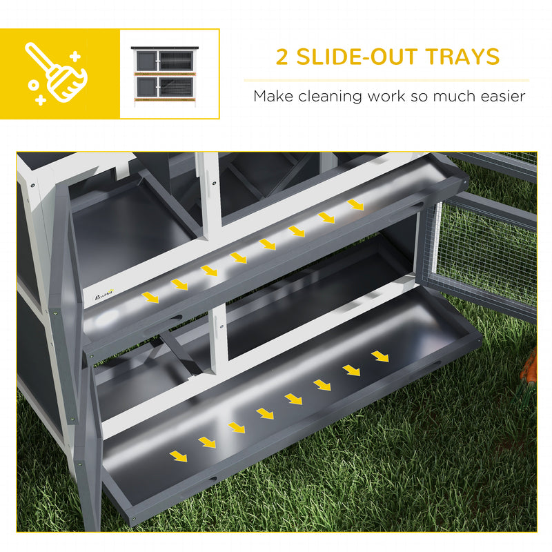 Two Tier Wooden Rabbit Hutch With Slide Out Tray For Outdoor Use, Grey
