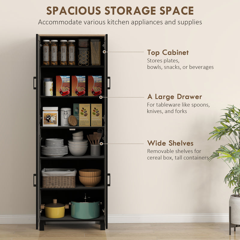 Tall Freestanding Kitchen Pantry Cabinet With Adjustable Shelves For Dining Room Storage, Black