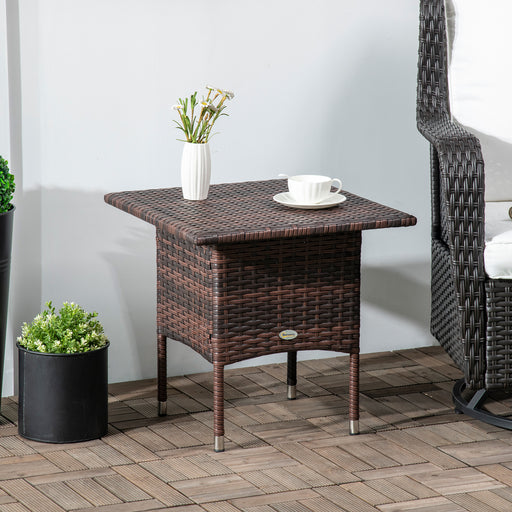 Brown Square Rattan Garden Side Table With Plastic Top For Patio Balcony Or Outdoor Use