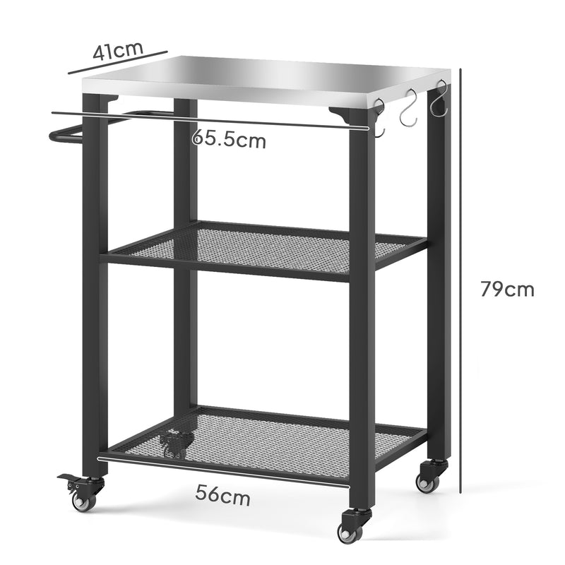 Three-Shelf Outdoor Grill Cart with Stainless Steel Top and Wheels for Kitchen and Garden by Outsunny