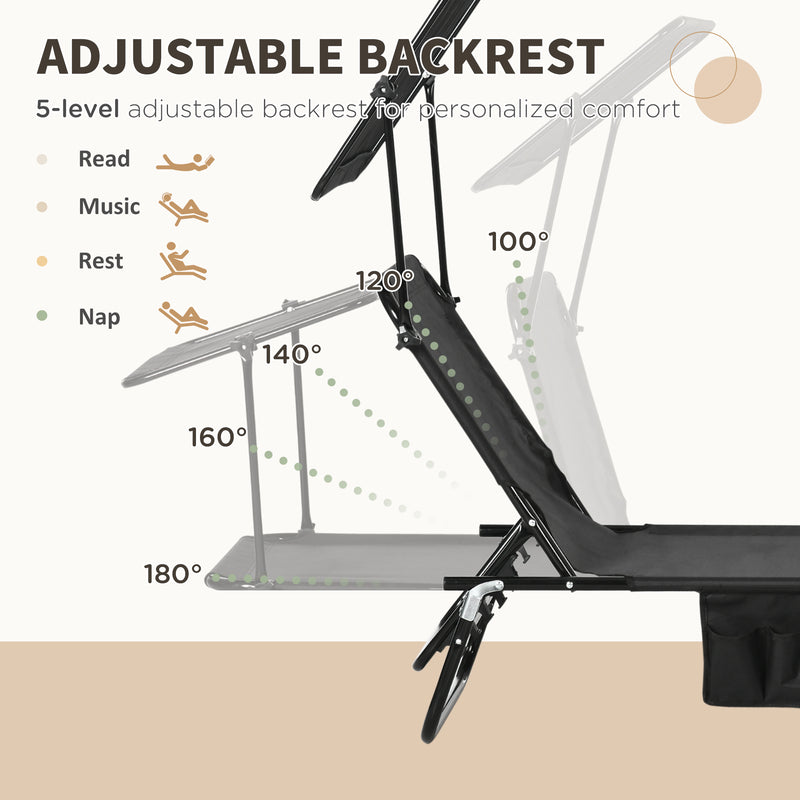Black Folding Sun Loungers Set of 2 Adjustable Backrests and Face Canopies for Outdoor Use Black Outsunny