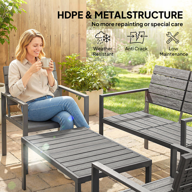 4pc Garden Furniture Set for All-Weather Outdoor Relaxing with Loveseat Coffee Table and Chairs Outsunny
