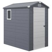Image of a 4 x 6 foot plastic garden shed with an apex roof and a white door