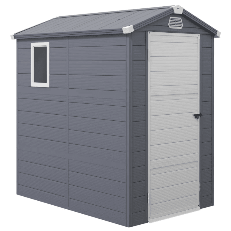 Image of a 4 x 6 foot plastic garden shed with an apex roof and a white door