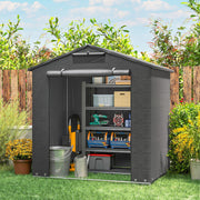 Shed with a shelving unit holding storage boxes and tools
