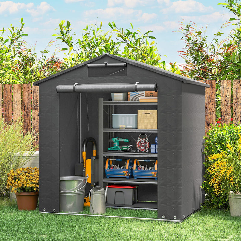 Shed with a shelving unit holding storage boxes and tools
