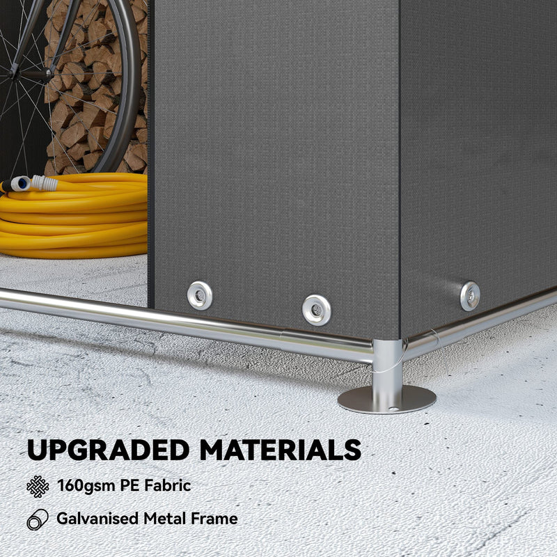 Close-up of the shed base with metal frame and eyelets, plus 160gsm PE fabric label