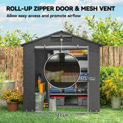 Shed with roll-up zip door, mesh vent close-up, 127 cm door width and 149 cm door height