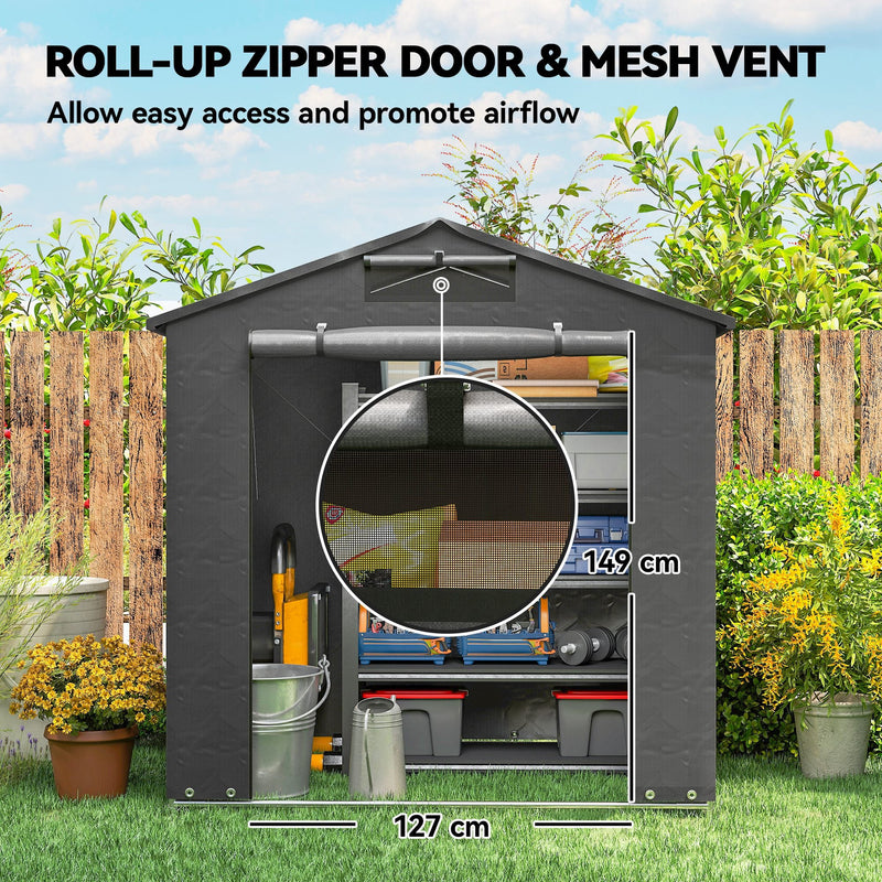 Shed with roll-up zip door, mesh vent close-up, 127 cm door width and 149 cm door height