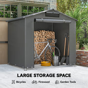 Shed on a patio storing firewood, a bike, spades and a hose