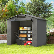 Shed on a lawn storing a lawnmower and shelves of boxes