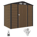 Oak wood effect metal garden shed with a closed door, shown with the padlock and gloves included