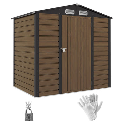 Oak wood effect metal garden shed with a closed door, shown with the padlock and gloves included