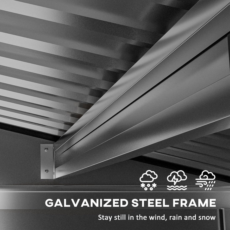 Close-up of the galvanised steel roof frame beams bolted inside the shed