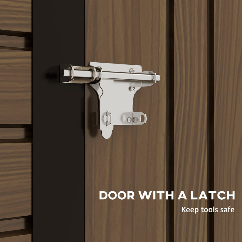 Close-up of the door latch on the oak wood effect panel, ready to take a padlock