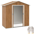 Brown wood effect 6x4ft Outsunny apex metal garden shed with its sliding doors closed, shown with a pair of gloves