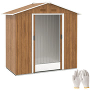 Brown wood effect 6x4ft Outsunny apex metal garden shed with its sliding doors closed, shown with a pair of gloves