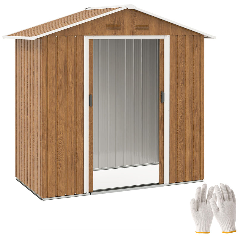 Brown wood effect 6x4ft Outsunny apex metal garden shed with its sliding doors closed, shown with a pair of gloves