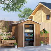 The wood effect metal shed in a garden with its doors slid open, showing boxes and tools stacked on shelving inside