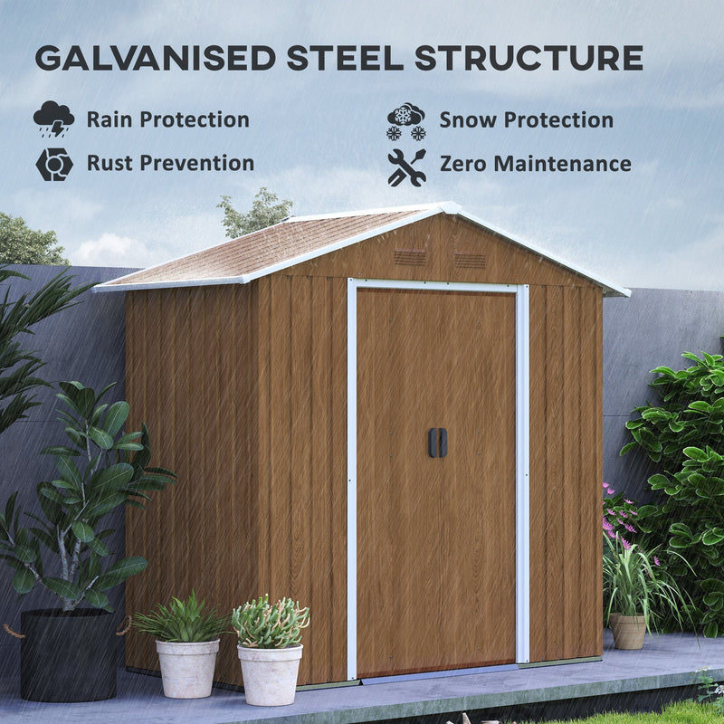 The galvanised steel apex roof in rain, labelled for rain protection, snow protection and rust prevention