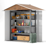 Cutaway view with the apex roof lifted off, showing power tools and boxes stored on shelves inside