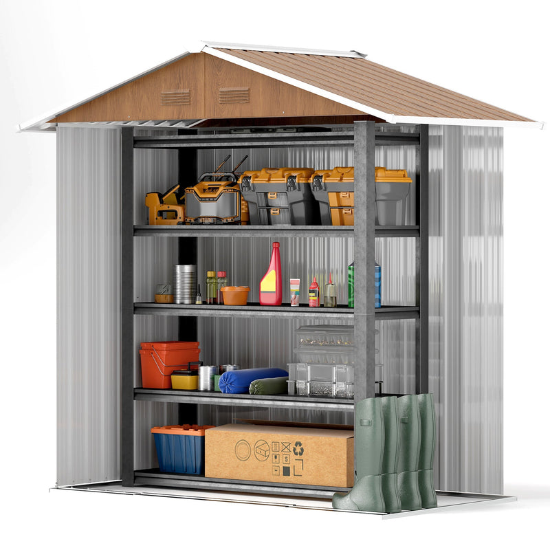 Cutaway view with the apex roof lifted off, showing power tools and boxes stored on shelves inside