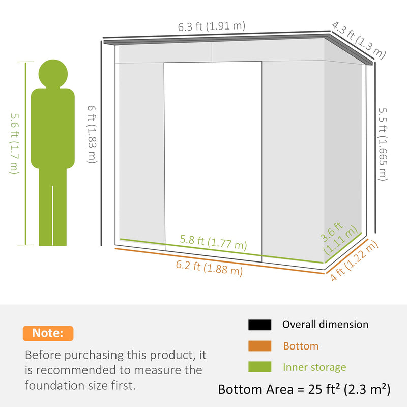 Dimension diagram for the 6x4ft metal shed showing 191cm width, 130cm depth and 183cm front height