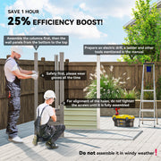 Two people assembling the metal shed columns and wall panels with a drill, ladder and toolbox nearby