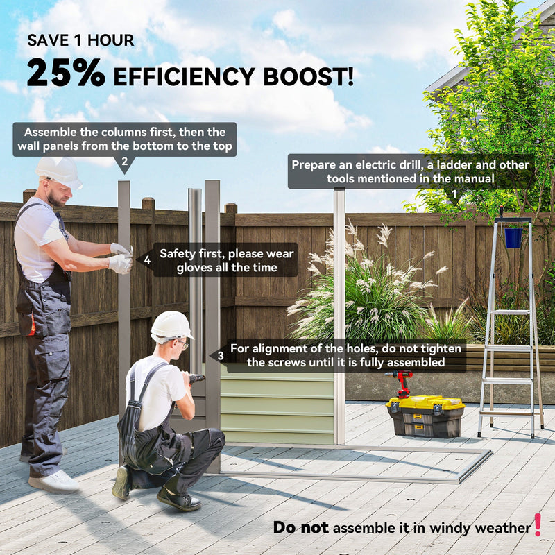 Two people assembling the metal shed columns and wall panels with a drill, ladder and toolbox nearby
