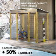 Snow-covered metal garden shed with its seven internal support columns highlighted in yellow