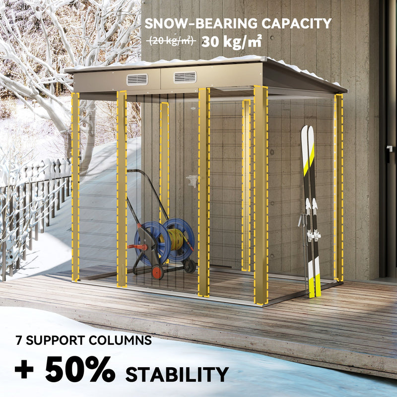 Snow-covered metal garden shed with its seven internal support columns highlighted in yellow