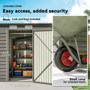 Close-up of the shed's lockable single door showing the 75cm wide opening and threshold ramp