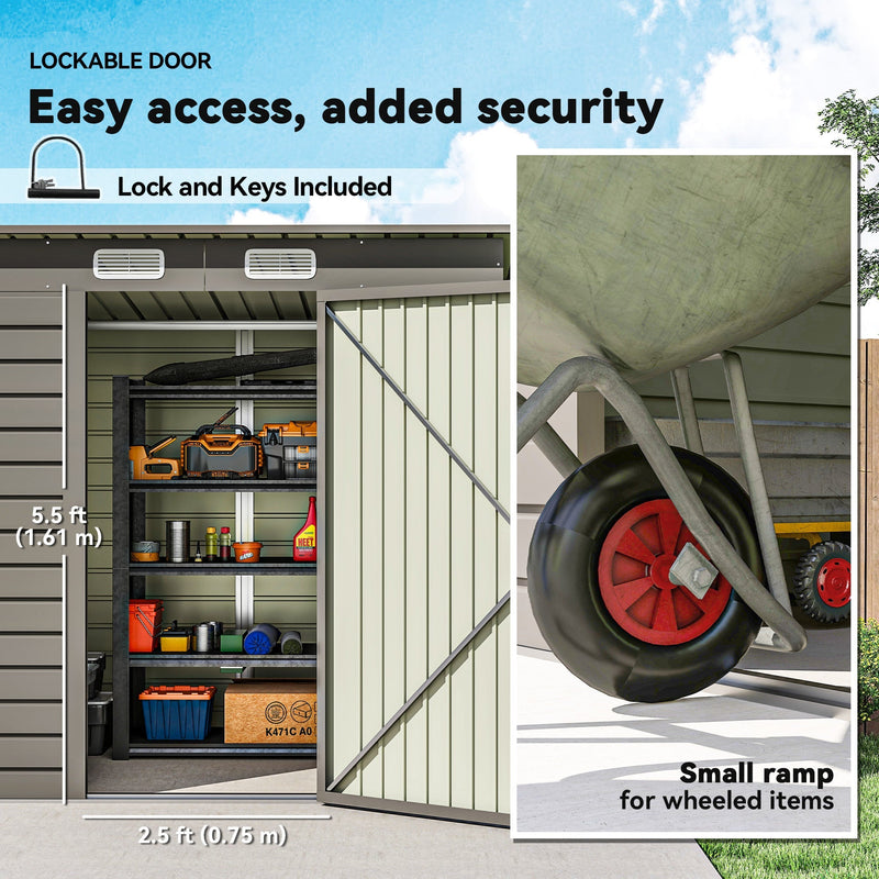 Close-up of the shed's lockable single door showing the 75cm wide opening and threshold ramp