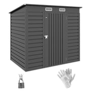 Grey Outsunny 6x4ft metal garden shed on a white background with a padlock and gloves