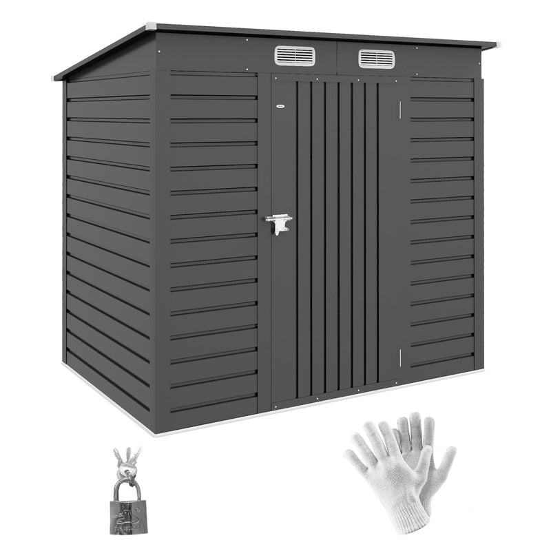 Grey Outsunny 6x4ft metal garden shed on a white background with a padlock and gloves