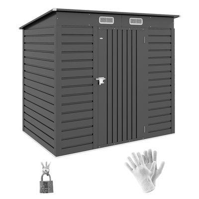 Grey Outsunny 6x4ft metal garden shed on a white background with a padlock and gloves