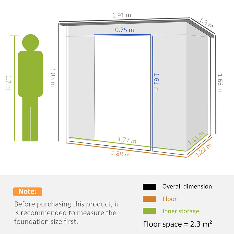 Dimension diagram showing the shed at 191 cm wide, 130 cm deep and 183 cm tall