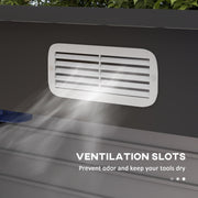 Close-up of a white louvred ventilation slot on the grey steel shed wall