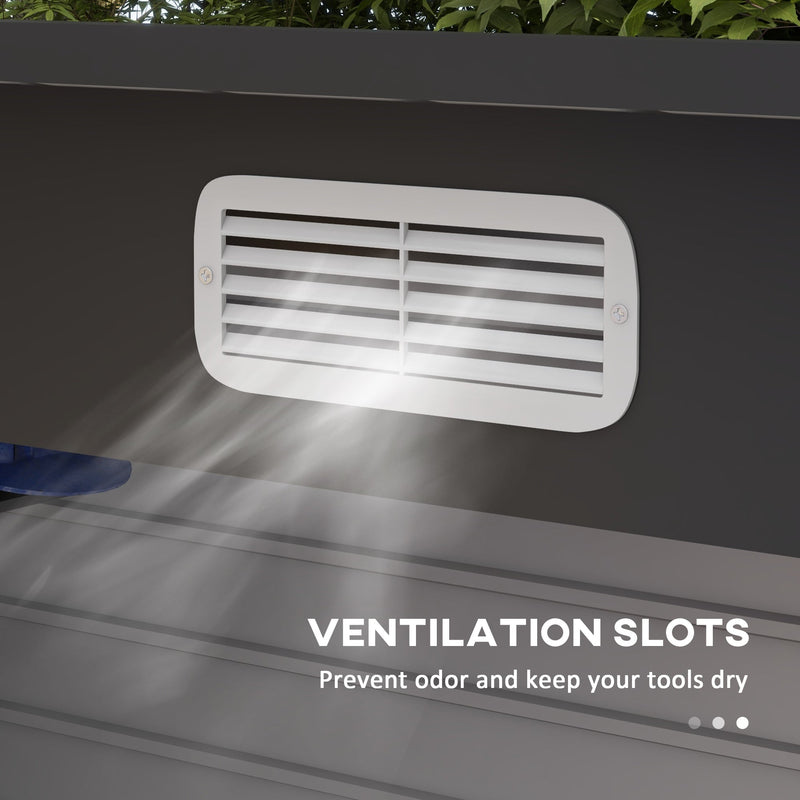 Close-up of a white louvred ventilation slot on the grey steel shed wall