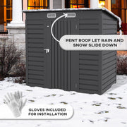 Grey metal shed with snow on its pent roof and the gloves included for installation