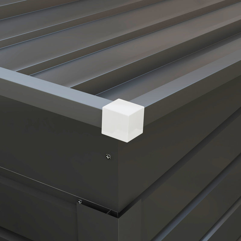 Close-up of the shed roof edge, white corner cap and ribbed roof panels