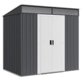 Dark grey 6x4ft Outsunny metal garden shed with white double sliding doors closed and two windows above them