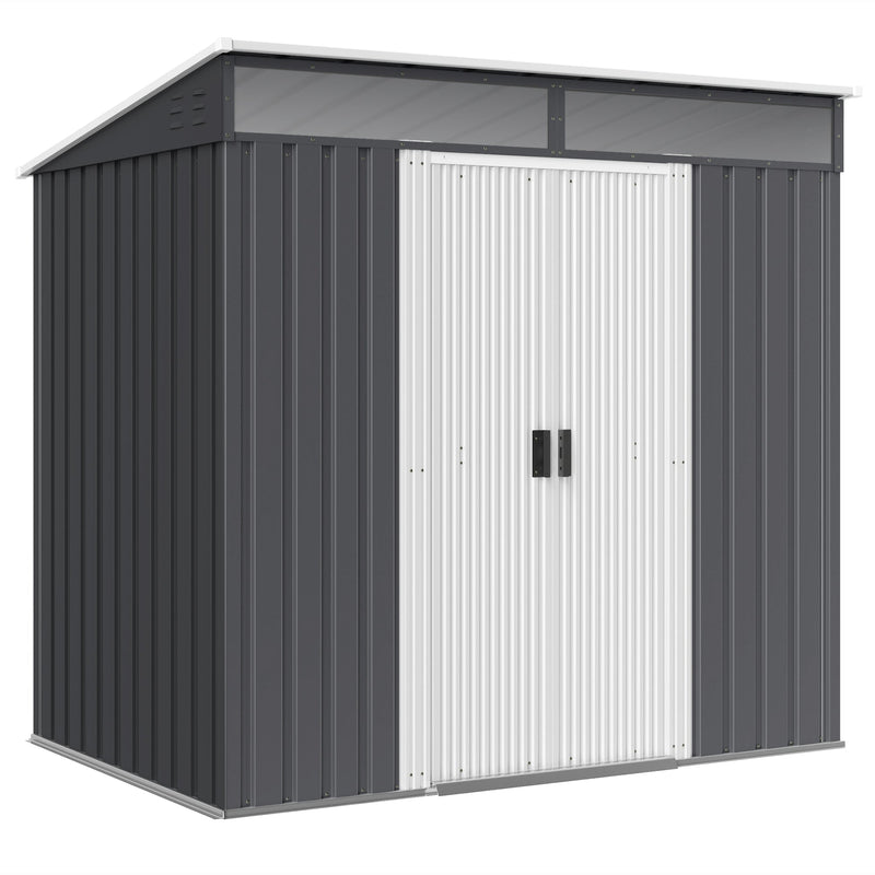Dark grey 6x4ft Outsunny metal garden shed with white double sliding doors closed and two windows above them