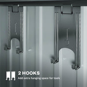 Interior close-up of the two hooks fitted to the shed wall for hanging tools