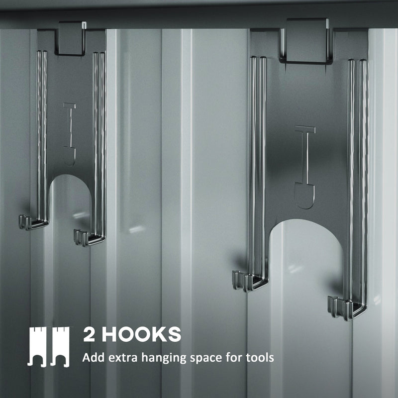 Interior close-up of the two hooks fitted to the shed wall for hanging tools