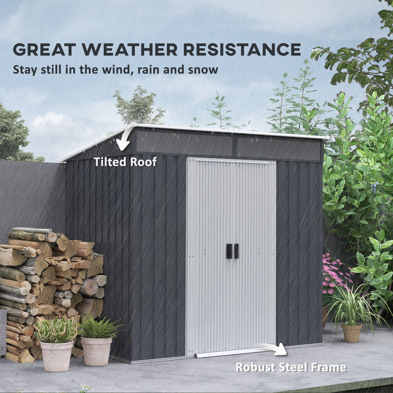 The shed beside a stack of firewood, labelled for its tilted pent roof and robust steel frame