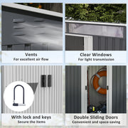 Four close-up panels showing the wall vents, the clear windows, the padlock latch and the open doorway