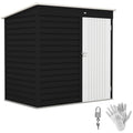 Dark grey 6x4ft Outsunny metal garden shed with pent roof, white door, padlock and gloves